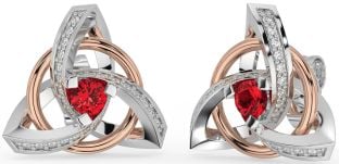 Diamond Ruby White Rose Gold Celtic Trinity Knot Stud Earrings