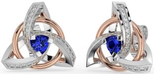 Diamond Sapphire White Rose Gold Celtic Trinity Knot Stud Earrings