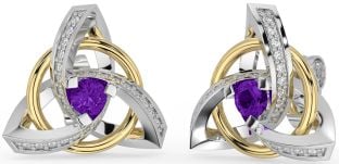 Diamond Amethyst White Yellow Gold Celtic Trinity Knot Stud Earrings