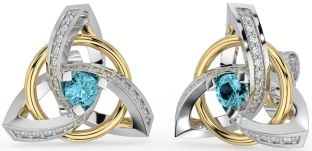 Diamond Aquamarine White Yellow Gold Celtic Trinity Knot Stud Earrings