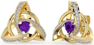 Diamond Amethyst Gold Celtic Trinity Knot Stud Earrings
