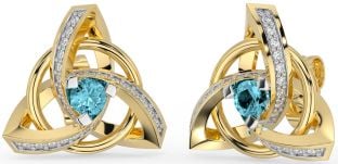 Diamond Aquamarine Gold Celtic Trinity Knot Stud Earrings