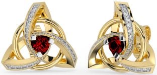 Diamond Garnet Gold Celtic Trinity Knot Stud Earrings