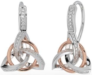 Diamond Rose Gold Silver Celtic Trinity Knot Dangle Earrings