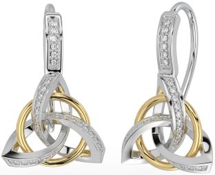 Diamond White Yellow Gold Celtic Trinity Knot Dangle Earrings