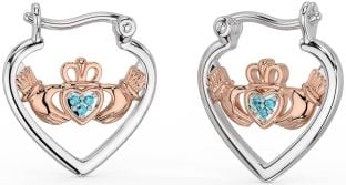 Aquamarine Rose Gold Silver Claddagh Hoop Earrings