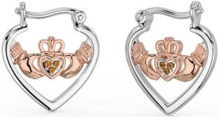 Citrine Rose Gold Silver Claddagh Hoop Earrings