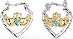 Aquamarine Gold Silver Claddagh Hoop Earrings