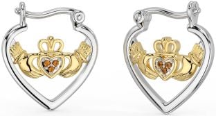 Citrine Gold Silver Claddagh Hoop Earrings