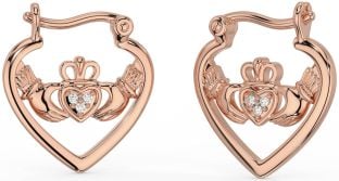 Diamond Rose Gold Silver Claddagh Hoop Earrings