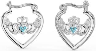 Aquamarine Silver Claddagh Hoop Earrings