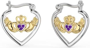 Améthyste Or Argent Claddagh Cerceau Des boucles d'oreilles