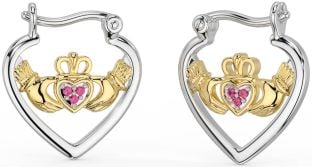 Turmalina Rosa Dourada Brincos de argola Claddagh em prata