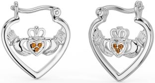 Citrine White Gold Claddagh Hoop Earrings