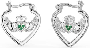 Emerald White Gold Claddagh Hoop Earrings