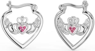 Turmalina Rosa Branca Brincos de argola Claddagh em ouro