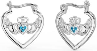 Topaz Białe Złoto Claddagh Obręcz Kolczyki