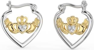 Diamant Blanc Jaune Or Claddagh Cerceau Des boucles d'oreilles