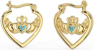 Aquamarine Gold Claddagh Hoop Earrings