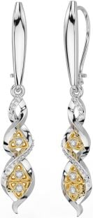Diamond White Yellow Gold Celtic Trinity Knot Dangle Earrings