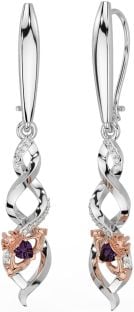 Diamond Alexandrite Rose Gold Silver Celtic Claddagh Dangle Earrings