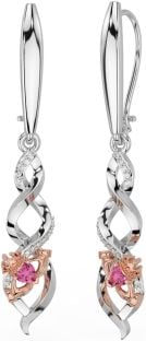 Diamante Rosa Turmalina Rosa Ouro Prata céltico Claddagh Pendurar Brincos