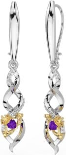 Diamond Amethyst Gold Silver Celtic Claddagh Dangle Earrings