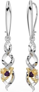 Diamond Alexandrite Gold Silver Celtic Claddagh Dangle Earrings