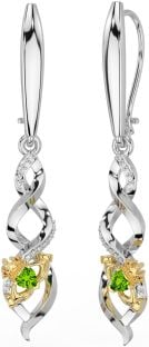 Diamond Peridot Gold Silver Celtic Claddagh Dangle Earrings