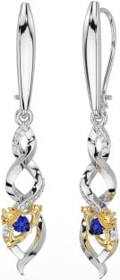 Diamond Sapphire Gold Silver Celtic Claddagh Dangle Earrings