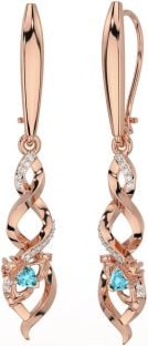 Diamond Aquamarine Rose Gold Silver Celtic Claddagh Dangle Earrings