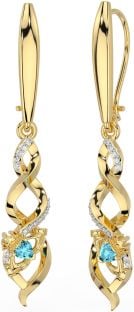 Diamond Aquamarine Gold Silver Celtic Claddagh Dangle Earrings