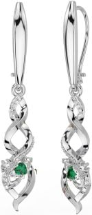 Diamond Emerald Silver Celtic Claddagh Dangle Earrings