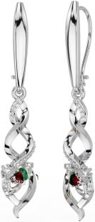 Diamond Garnet Silver Celtic Claddagh Dangle Earrings