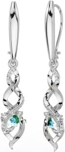 Diamond Aquamarine White Gold Celtic Claddagh Dangle Earrings