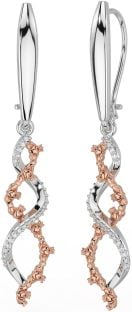 Diamond Rose Gold Silver Celtic Claddagh Dangle Earrings