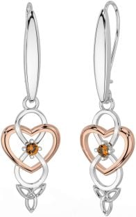 Citrine Rose Gold Silver Infinity Celtic Trinity Knot Dangle Earrings