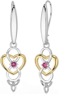 Pink Tourmaline Gold Silver Infinity Celtic Trinity Knot Dangle Earrings