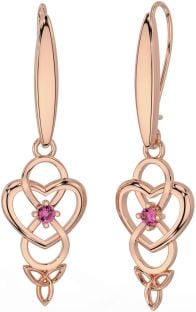 Pink Tourmaline Rose Gold Silver Infinity Celtic Trinity Knot Dangle Earrings