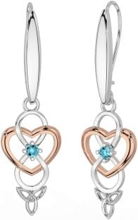 Aquamarine Rose Gold Silver Infinity Celtic Trinity Knot Dangle Earrings