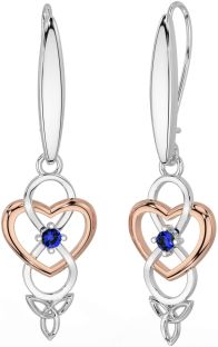 Sapphire Rose Gold Silver Infinity Celtic Trinity Knot Dangle Earrings