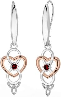 Garnet White Rose Gold Infinity Celtic Trinity Knot Dangle Earrings