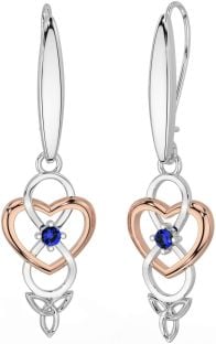 Sapphire White Rose Gold Infinity Celtic Trinity Knot Dangle Earrings