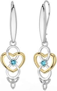 Aquamarine White Yellow Gold Infinity Celtic Trinity Knot Dangle Earrings