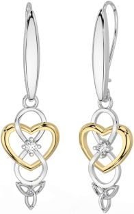 Diamond White Yellow Gold Infinity Celtic Trinity Knot Dangle Earrings