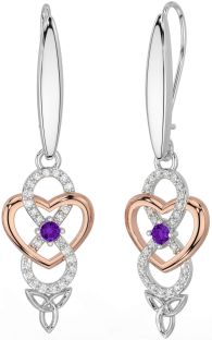 Diamond Amethyst Rose Gold Silver Infinity Celtic Trinity Knot Dangle Earrings