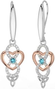 Diamond Aquamarine Rose Gold Silver Infinity Celtic Trinity Knot Dangle Earrings