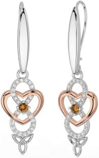 Diamond Citrine Rose Gold Silver Infinity Celtic Trinity Knot Dangle Earrings