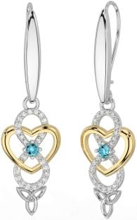 Diamond Aquamarine Gold Silver Infinity Celtic Trinity Knot Dangle Earrings