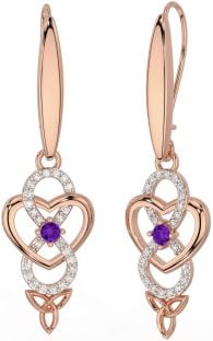 Diamond Amethyst Rose Gold Silver Infinity Celtic Trinity Knot Dangle Earrings